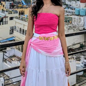 Pink &amp; White Tiered Lehenga Choli Set