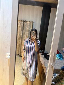 Striped Midi Shirt Dress with Pearls🦋