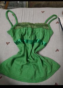 Green Spaghetti Strap Top with Lace Trim