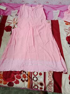 Pink Printed Cotton Anarkali With Jacket