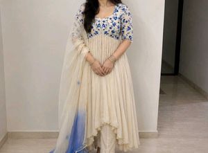 Off White Embroidered Georgette Suit Set