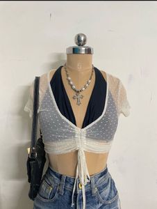 Sheer Polka Dot Ruched Crop Top