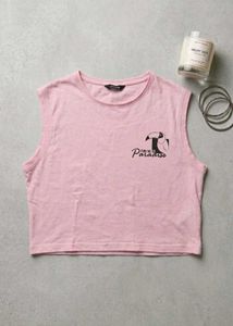 Pink Cropped Tank Top with Toucan Graphic