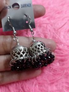 Elegant Silver Jhumka Earrings with Black Beads