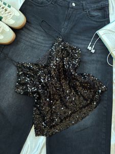 Sparkly Sequin Crop Top with Wide Leg Jeans