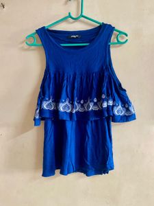 Blue Cold Shoulder Top with White Embroidery