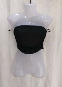 25127. Black Strapless Ruched Mesh Top