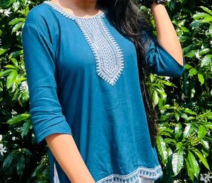 Embroidered Teal Short Kurti