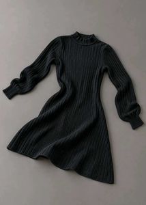 BLACK RIBBED HIGH NECK FLARED SWEATER DRESS