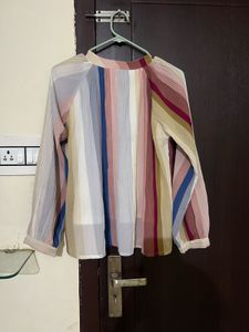 Striped Pleated Long Sleeve Top