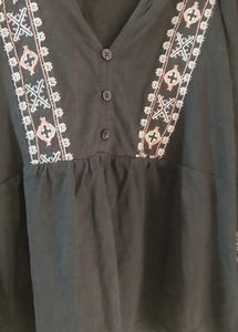 Black Embroidered V-Neck Top