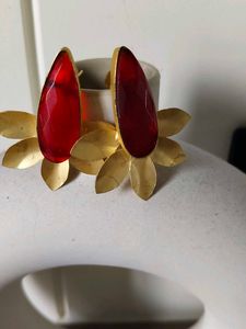Red Stone & Gold Leaf Earrings
