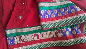 Red & Multicolor Embroidered Saree With Blouse