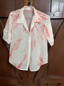 Sheer White & Pink Print Button-Up Top