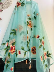 Teal Blue Handpainted Floral Anarkali pant set