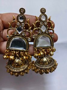 Elegant Gold Jhumka Earrings with Mirror