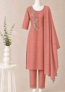 Embellished Peach Kurta pant odhani set