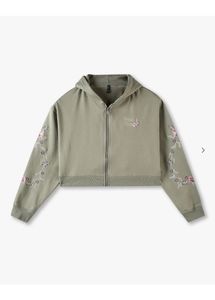 Olive Green Embroidered Zip Hoodie