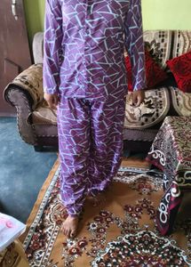 Purple Geometric Print night suit &amp; coat Set