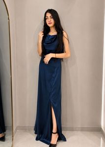 Elegant Navy Blue Satin Maxi Dress