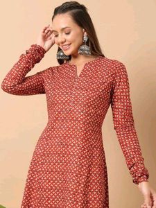 Red Printed Long Kurta with Full Sleeves