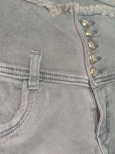 Gray Denim Jeans with Frayed Hem
