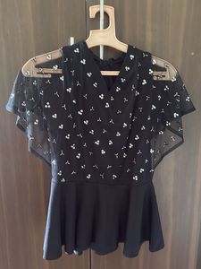 Black Peplum Top with Sheer Overlay