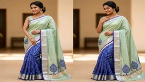 Elegant Pastel Green & Royal Blue Saree