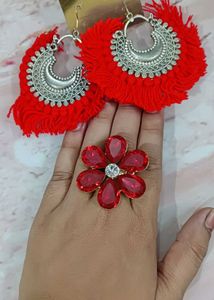 Combo of Boho Red Tassel Earrings &amp; Ring Set