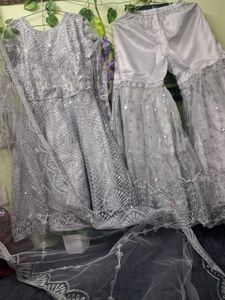 Elegant Silver Sequined Kurta Set with Dupatta