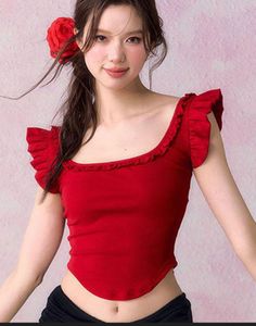 Chic Red Ruffled Crop Top