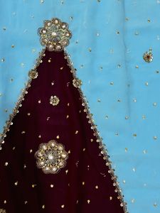 Sky Blue &amp; Burgundy Embellished Aline Suit
