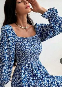 Blue Floral Smocked Square Neck 👗