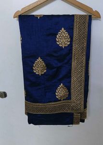 Elegant Blue Gold Embroidered Silk Saree