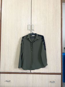 olive green formal  shirt  stylish net on sleeve