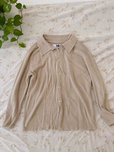 Neutral Corduroy Collared Button-Up Top