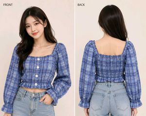 Blue Plaid Square Neck Crop Top