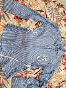 Blue Striped Button-Up Shirt with Tie Details