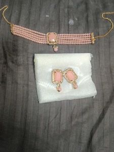 Pink Beaded Choker Necklace &amp; Earrings Set