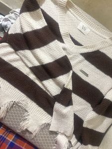 Striped V-Neck Distressed Sweater