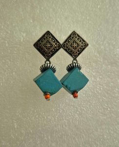 Customized Boho Teal Square Drop Earrings- Unused