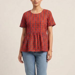 Red Printed Short Sleeve Top