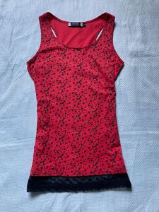 Red Floral Tank Top with Black Lace Trim