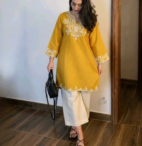 Embroidery Yellow Cotton Kurta Set with Palazzo Pa