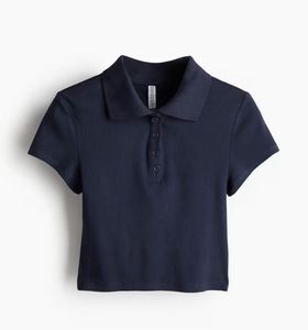 H&M Navy Ribbed Cropped Polo Top