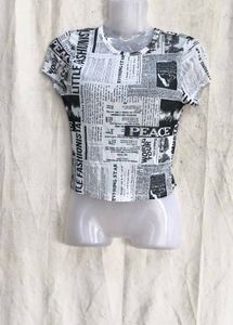 Newspaper Print Mesh Crop Top