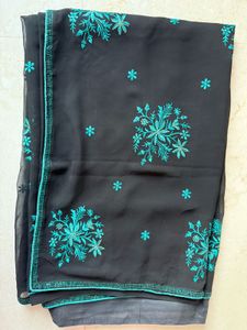Embroidered Black Chiffon Saree