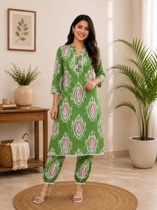 Green Ikat Print Kurta Set