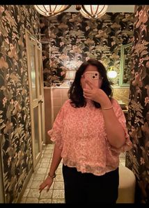 Pink Floral Print Top with Flutter Sleeves