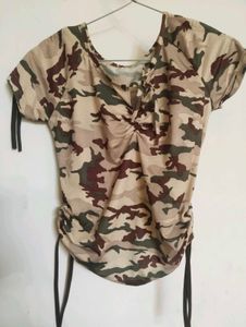 Camouflage Ruched Tie-Front Top